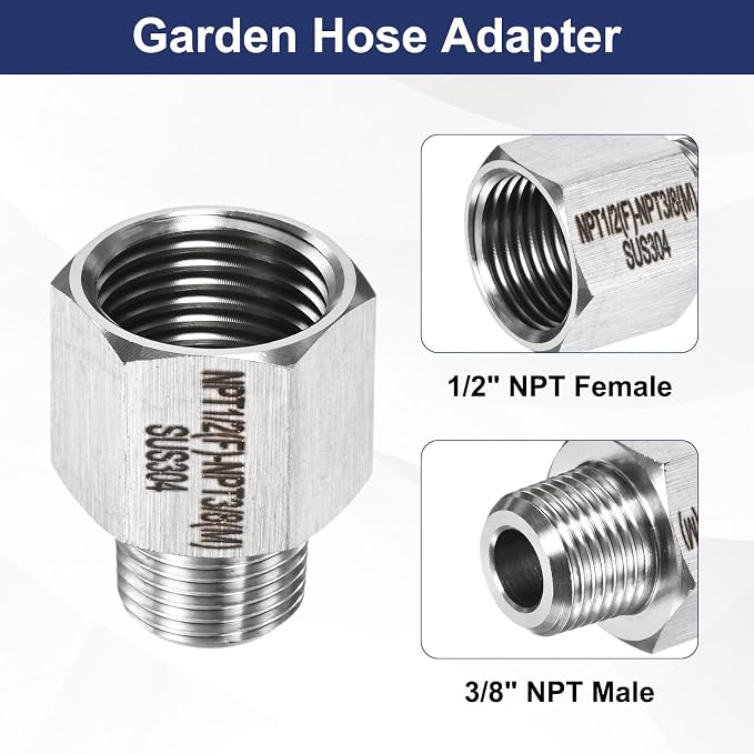 M METERXITY 2-Pack Garden Hose Adapter, Stainless Steel 1/2" NPT Female x 3/8" NPT Male Threaded Connector with Sealing Tape Garden Hose Convert Fitting for Pipe Fitting/Shower