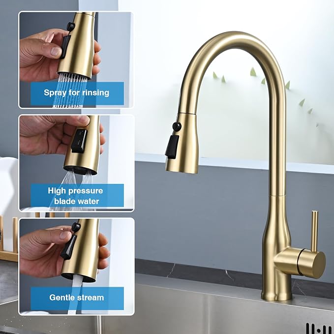 Metal Kitchen Faucet Head Replacement, 3 Functions Kitchen Faucet Head High Pressure, Brushed Gold Pull Down Kitchen Sink Sprayer Replacement with 9 Adapters Compatible with Most Faucets