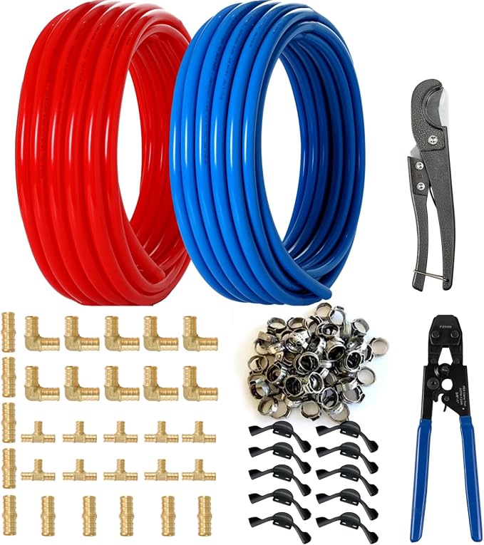 (All-in-One) GUOFIS 3/4 Inch PEX-B Pipe/Tubing Fitting Kit | 2X100ft Pex-b pipe,pex fitting(tee/elbow/coupling,10Pcs each),clamps×50,Pex pipe support×10,Pex crimping tool,Pipe cutter