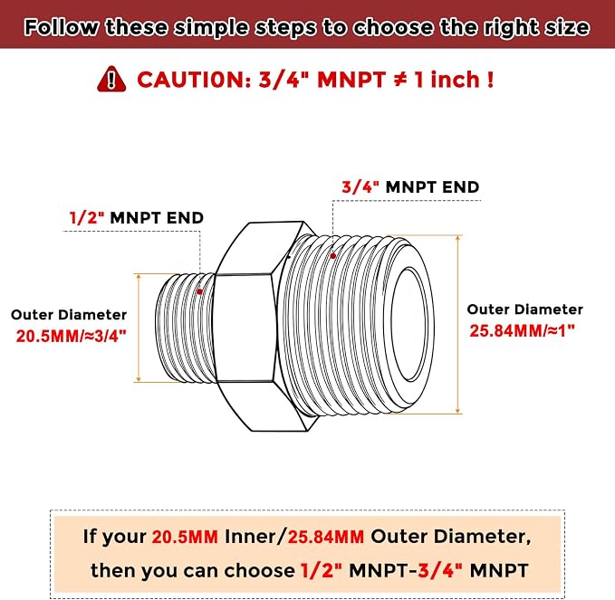 3/4" Male NPT to 1/2" Male NPT SUS304 Hex Nipple | Solid Male Pipe Adapter Hose Connectors for Pipe Repair, Bathroom Remodel, Tool Extensions, Compression, Irrigation
