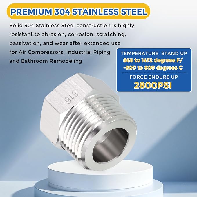5 Pack SUS316 3/4" Male NPT to 1/2" FeMale NPT Hex Bushing Reducer | 316 Stainless Steel Pipe Fittings, Hose Tube Threaded Adapters with Sealing Tape for Air, Oil, LP, Gas, Fuel, Water