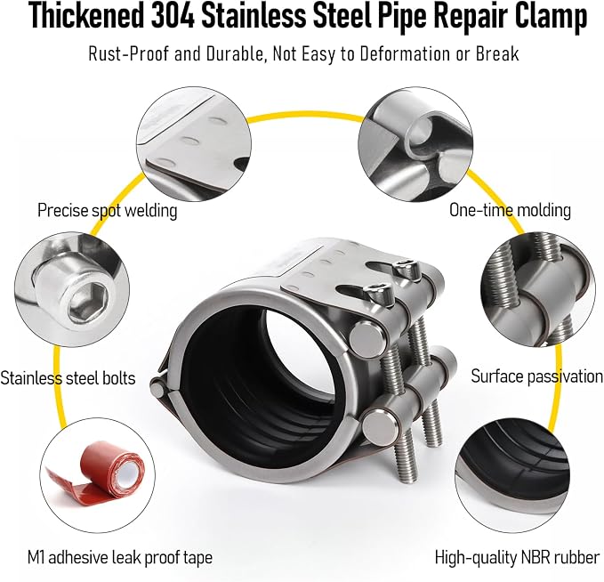 Upgraded Pipe Repair Clamp with M1 Self-Adhesive Leak-Sealing Tape | 304 Stainless Steel Rust-Proof Emergency Pipe Repair Kit for Plastic & Metal Pipes, 2" (56-59mm)