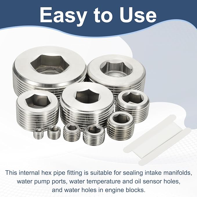 PATIKIL 1/4" NPT Male Internal Hex Pipe Fitting, 6 Pcs 304 Stainless Steel Pipe Plug Fitting Assortment Kit Countersunk Thread Head Socket Pipe Plug Fitting Adapter with Tape, Silver