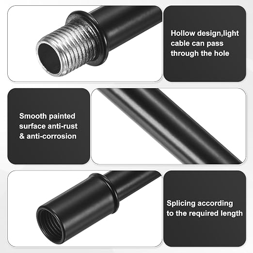M METERXITY 4-Set Straight Pipe Lamp Stem Kit, 150mm(5.91") Long M10 Double End Thread Rod W/Coupling Sleeve Nuts for Table Lamps/Chandeliers, Light Fixture Replacement Parts [Black]