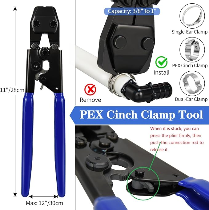 PEX Cinch Clamp Tool Kit, 3/8" to 1" PEX Pipe Clamp Cinch Tool Set | with 1pcs Pipe Cutter, 70 pcs 1/2" PEX Cinch Clamps, 10pcs 3/4" PEX Cinch Clamps