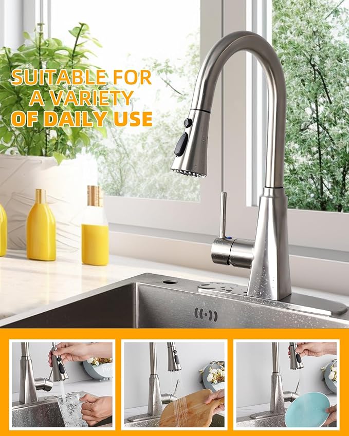 Hibbent Kitchen Sink Faucet Head Replacement, NSF/ANSI/CAN 61 & CUPC Certified, 3-Function Pull Down Sprayer Nozzle with 15 Adapters, Compatible with Delta, Kohler, Moen Faucets, Brushed Nickel
