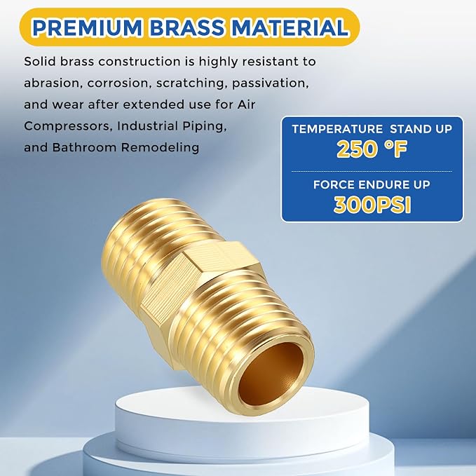 4 Pack Brass Pipe Fittings, 1/4" Male NPT to 1/4" Male NPT | Brass Hex Nipple W/ Sealing Tape, Male Pipe Adapter Reducer for Air, Oil, LP