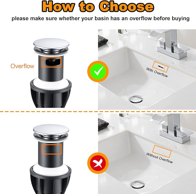TIORIY Chrome Pop Up Bathroom Sink Drain, with Overflow Plastic Bathroom Sink Stopper for Faucet Vessel, Push Type Bathroom Sink Vanity Assembly with Strainer
