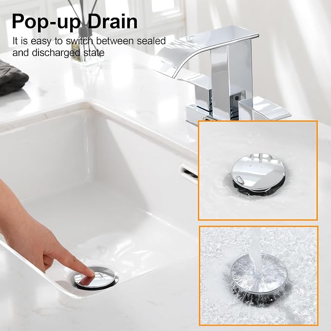 TIORIY Chrome Pop Up Bathroom Sink Drain, with Overflow Plastic Bathroom Sink Stopper for Faucet Vessel, Push Type Bathroom Sink Vanity Assembly with Strainer