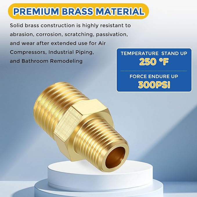 10 Pack Brass Pipe Fittings, 1/4" MNPT to 1/8" Male NPT | Brass Hex Nipple W/ Sealing Tape, Male Pipe Adapter Reducer for Air, Oil, LP, Gas