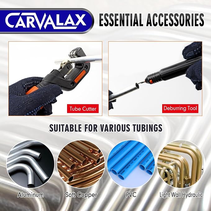 CARVALAX Pipe Tube Bender Set, Reverse Adapters, for 1/4” to 7/8” O.D | 90° ratcheting tubing bender kit, with 7 multi-color aluminum heads for HVAC, air condition and heating repair