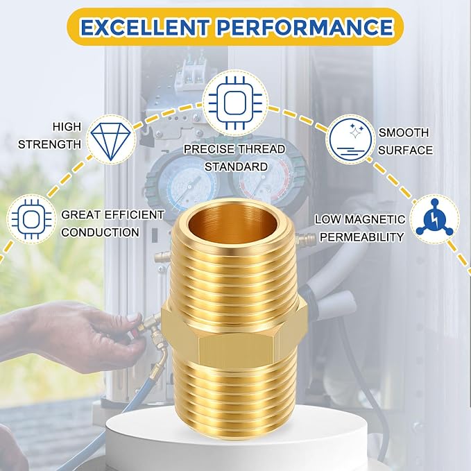 8 Pack Brass Pipe Fittings, 1/8" Male NPT to 1/8" Male NPT | Brass Hex Nipple W/ Sealing Tape, Male Pipe Adapter Reducer for Air, Oil, LP