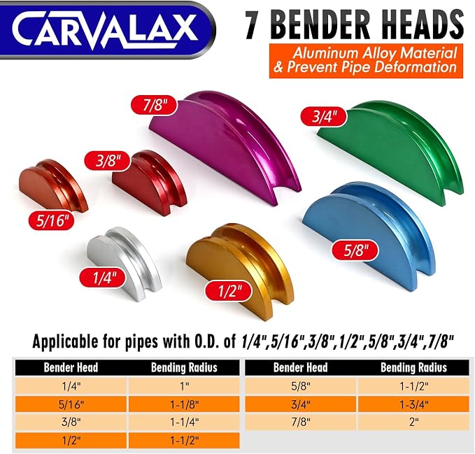 CARVALAX Pipe Tube Bender Set, Reverse Adapters, for 1/4” to 7/8” O.D | 90° ratcheting tubing bender kit, with 7 multi-color aluminum heads for HVAC, air condition and heating repair