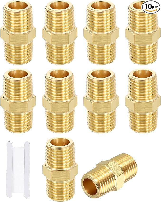 10 Pack Brass Pipe Fittings, 1/4" MNPT to 1/4" Male NPT | Brass Hex Nipple W/ Sealing Tape, Male Pipe Adapter Reducer for Air, Oil, LP, Gas