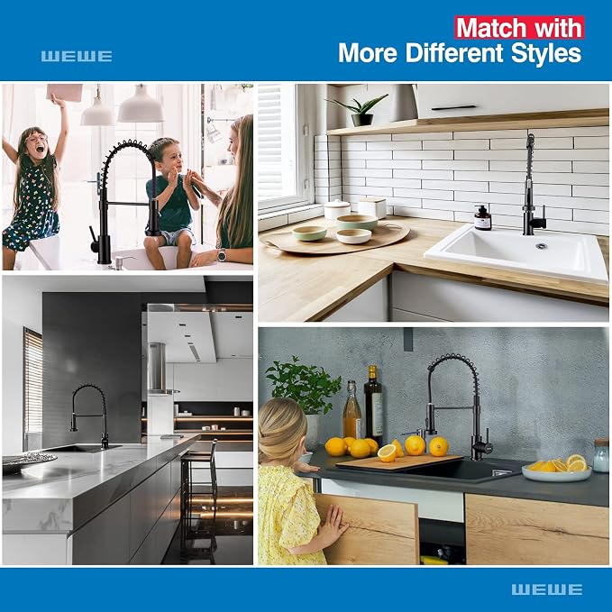WEWE High Arc Pull-Out Kitchen Faucet, 2-Mode Sprayer, Matte Black