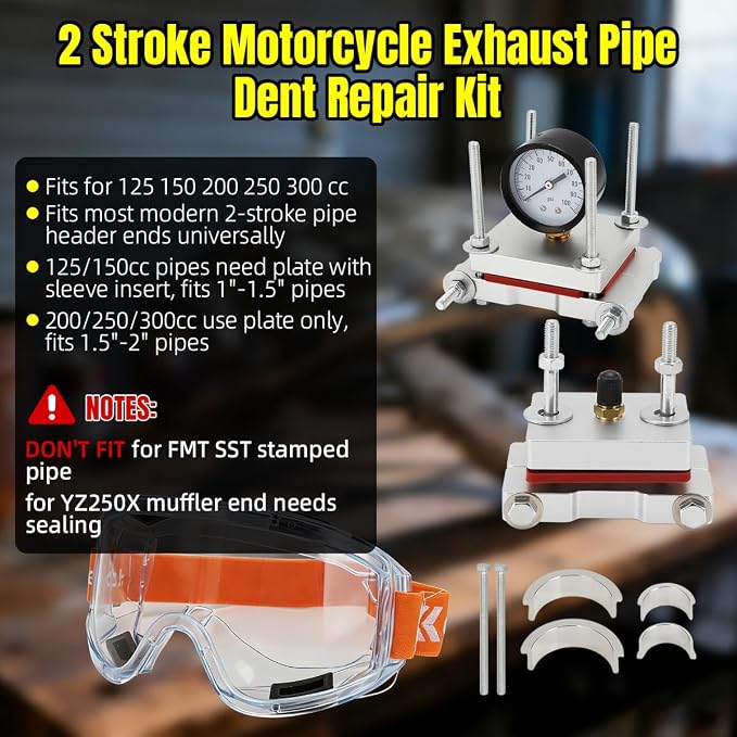 2 Stroke Exhaust Pipe Dent Repair Kit with 100 PSI Pressure Gauge | Fits 125 150 200 250 300 cc Pipes, Includes Safety Goggles, Header & Muffler End Sealing Plates with Sleeve Insert
