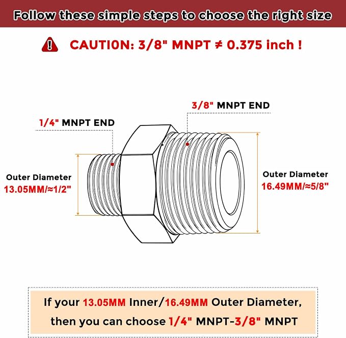 Pack of 10, 3/8" Male NPT To 1/4" Male NPT SUS304 Hex Nipple | Solid Male Pipe Adapter Hose Connectors with Sealing Tape for Pipe Repair, Bathroom Remodel, Tool Extensions, Compression