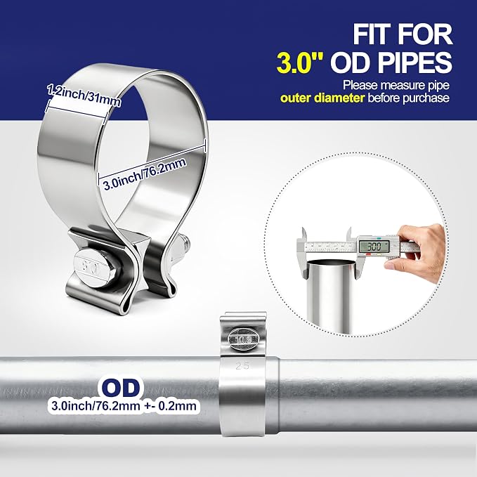 3 Inch Exhaust Clamp, Narrow Band Muffler Clamps Stainless Steel 304 for 3" OD Exhaust Pipe, Muffler, Elbow, Exhaust Tubing Connection, Catalytic Converters (1PCS)