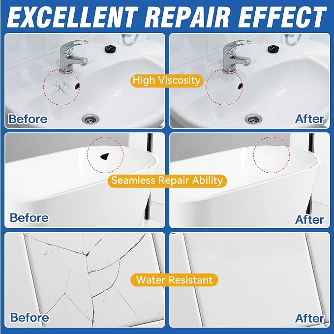 Porcelain Repair Kit, Fiberglass Repair Kit, Professional Tile Repair Kit for Cracks, Chips, Scratches, Rust, Holes on Tubs, Toilet, Sink and Shower Tray, Color Match
