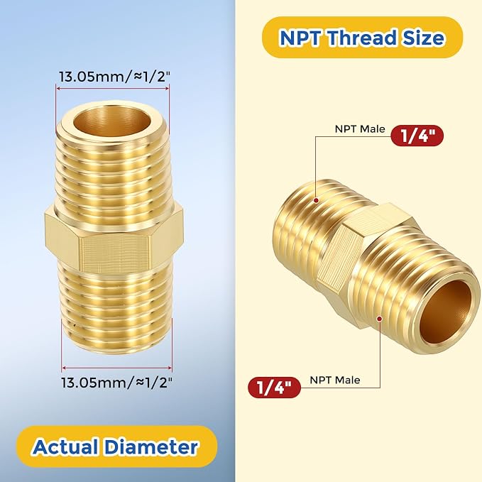 4 Pack Brass Pipe Fittings, 1/4" Male NPT to 1/4" Male NPT | Brass Hex Nipple W/ Sealing Tape, Male Pipe Adapter Reducer for Air, Oil, LP