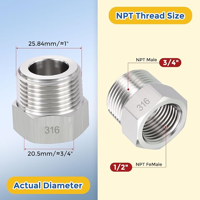 5 Pack SUS316 3/4" Male NPT to 1/2" FeMale NPT Hex Bushing Reducer | 316 Stainless Steel Pipe Fittings, Hose Tube Threaded Adapters with Sealing Tape for Air, Oil, LP, Gas, Fuel, Water