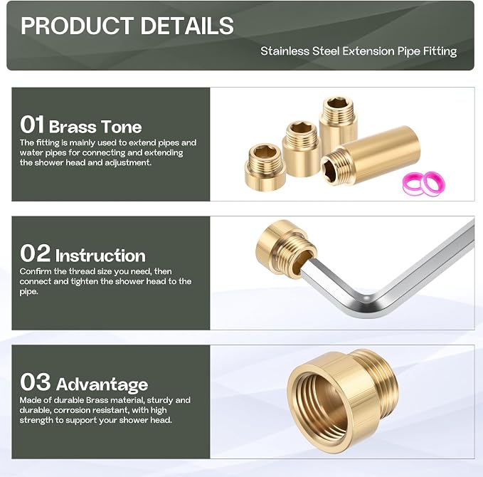 Shower Head Extension Arm, Brass G1/2 Male to Female Thread 20mm/0.79" Length Extender Pipe Fitting Nipple for Showers, Faucets, and Plumbing with PTFE Thread Seal Tape 3 Pack