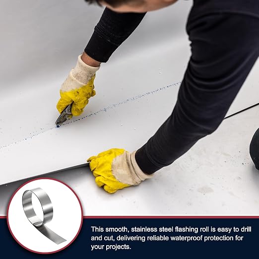 uxcell Stainless Steel Flashing Roll, 1.6in x 3.3ft Metal Roof Panels 0.5mm Waterproof Sheet Roll with Cut Proof Gloves for House Repair, Roof Flashing, Sealing Windows Doors