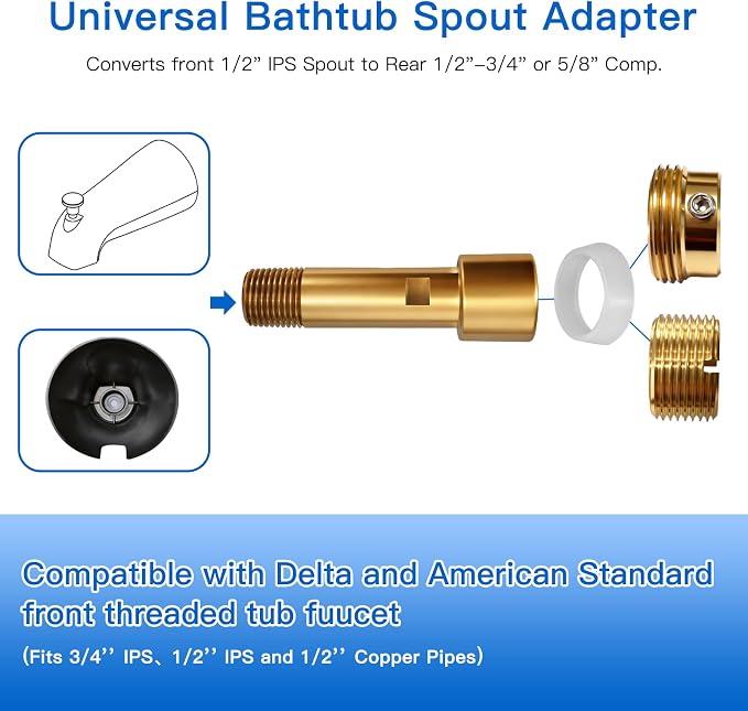 Tub Spout Adapter, Brass, Fits 3/4" IPS and 1/2" IPS Pipe, 1/2" Copper Pipe | Threaded installation&for Slip-On installation,Diverter &without-Diverter Types,5.3" Tub Spout Repair Kit with Assembly Tool