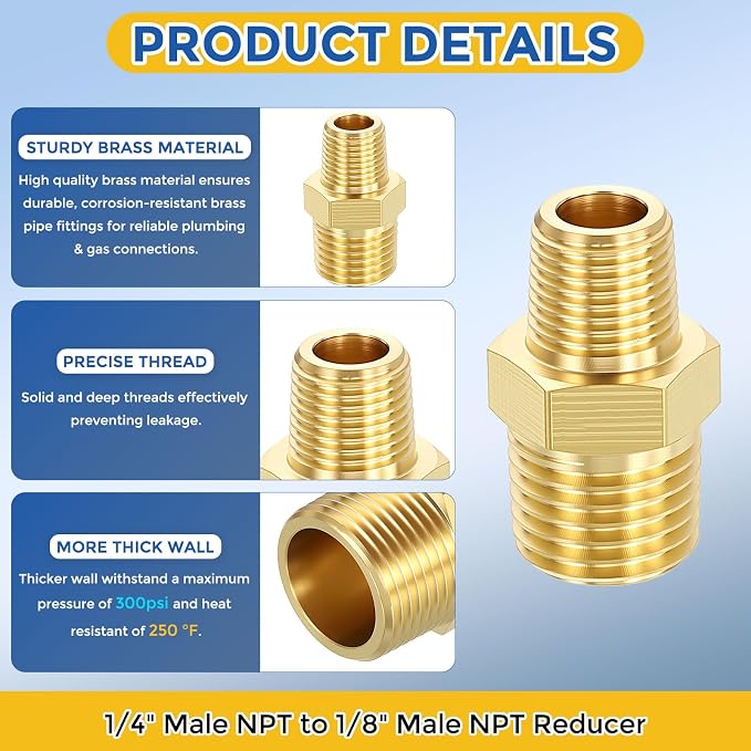 5 Packs Brass Pipe Fittings, 1/4" Male NPT to 1/8" Male NPT | Brass Hex Nipple, Male Pipe Adapter Reducer for Air, Oil, LP
