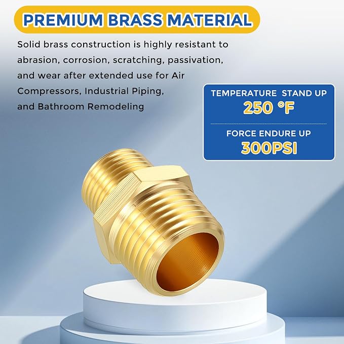 2 Pack Brass Pipe Fittings, 1/2" NPT Male to 3/8" NPT Male | Brass Hex Nipple, Male Pipe Adapter Reducer for Air, Oil, LP