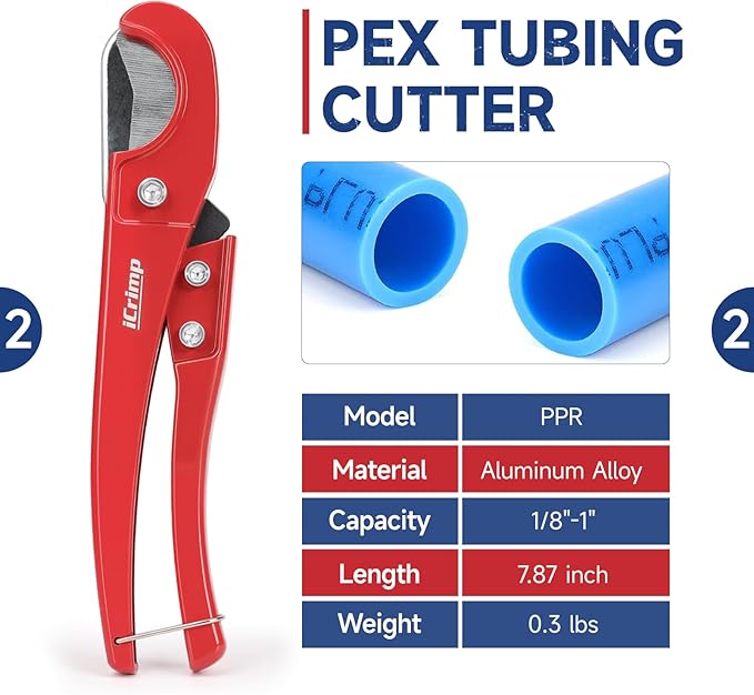 iCrimp KIT-BJ02 PEX Crimping Tool Kit with PEX Clamps, PEX Pipe Cutter, One-Handed PEX Clamp Tool for Cinching 3/8-in, 1/2-in, 3/4-in, 1-in PEX Clamps, Cinch Only