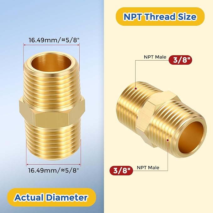 10 Pack Brass Pipe Fittings, 3/8" NPT Male to 3/8" NPT Male | Brass Hex Nipple, Male Pipe Adapter Reducer for Air, Oil, LP