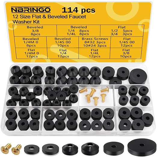 114-Piece 12 Sizes Faucet Washers Assorted Kit - Outdoor Spigot Repair Kit for Hose Bib, Water Valve - Flat & Beveled Faucet Rubber Washer Assortment, Brass Bibb Screws