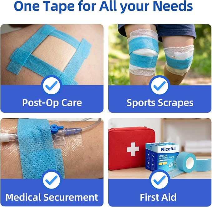 Niceful Silicone Medical Tape, Hypoallergenic, Easy Tear, 1" x5.5Yd 6 Rolls | Soft Silicone, Waterproof, Easy Tear, No Skin Irritation, Great for Frequent Dressing Changes, 1"X5.5Yd, Value 6-Roll Pack