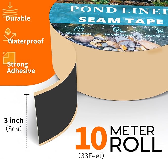 Pond Liner Seam Tape, 3" x 30' Double Sided Butyl Pond Liner Tape, Waterproof Seam Tape for EPDM Pond Liner, Self Adhesive Patch Repair Tape for Outdoor Garden Ponds and Fish Ponds (1pcs)