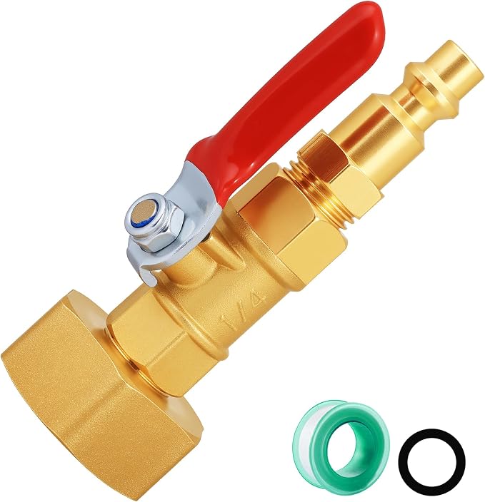 SIGURANTA RV Winterize/Winterization Blowout Adapter - Brass with Ball Valve, 1/4" Male Quick Connect to 3/4" Female GHT Garden Hose Thread
