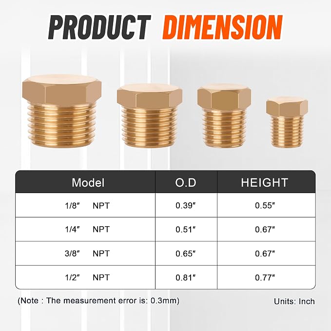 24PCS Brass Pipe Fittings Hex Head Plugs,1/8" 1/4" 3/8" 1/2" NPT | Outer Hex Head Plug Male Threaded Plugs Fitting Assortment Kit