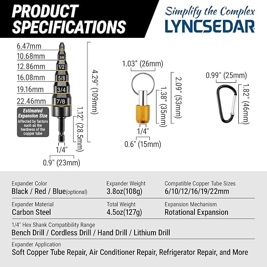 6-in-1 Copper Swaging Tool HVAC, Black Soft Tube Expander, Carbon Steel, Bit Holder, No.5 Carabiner, Swage Tool Set for Electric Drill, Swedge Repair Kit for 1/4 3/8 1/2 5/8 3/4 7/8 Pipe