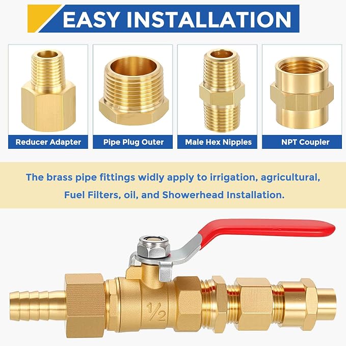 10 Pack Brass Pipe Fittings, 1/4" MNPT to 1/8" Male NPT | Brass Hex Nipple W/ Sealing Tape, Male Pipe Adapter Reducer for Air, Oil, LP, Gas