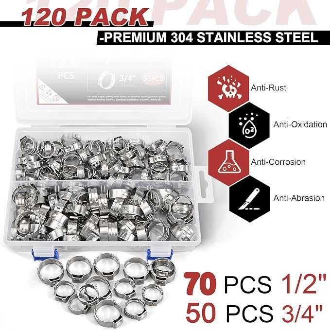 120PCS 1/2",3/4" PEX Clinch Clamps Kit, 304 Stainless Steel | 2 Sizes Pex Clamps PEX Clamp Rings, Rings Pinch Clamps for PEX Tubing Pipe Fitting Connections