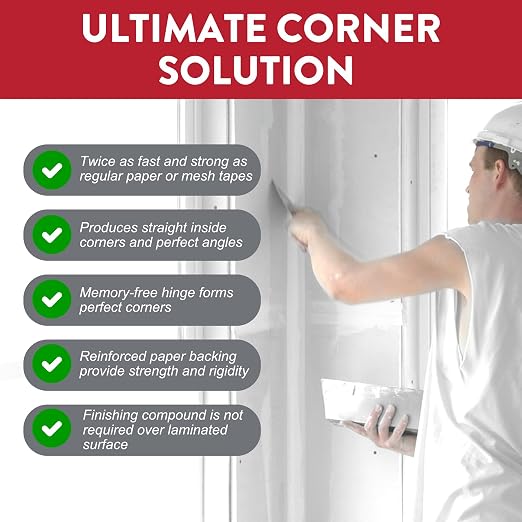 Drywall Tape – Perfect-90° Drywall Repair Corner Tape – Finishes Inside 90 Degrees and Off-Angle Corners – Smooth Finish, Strong Grip, Lays Flat – 2" x100ft