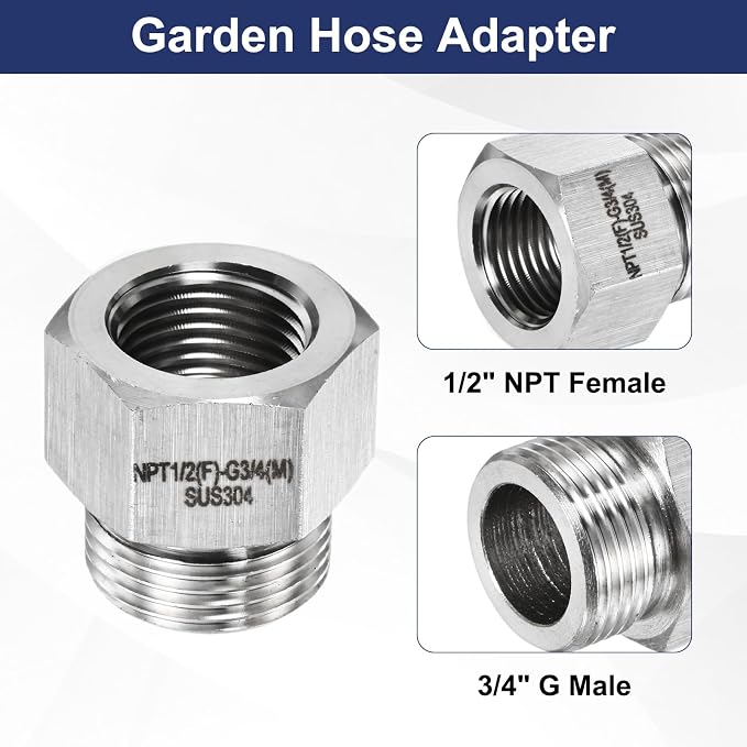 M METERXITY 2-Pack Garden Hose Adapter, Stainless Steel 1/2" NPT Female x 3/4" g Male Threaded Connector with Sealing Tape Garden Hose Convert Fitting for Pipe Fitting/Shower