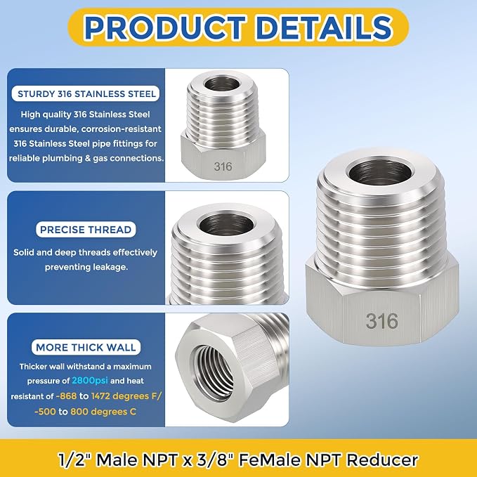 5 Pack SUS316 1/2" Male NPT to 3/8" FeMale NPT Hex Bushing Reducer | 316 Stainless Steel Pipe Fittings, Hose Tube Threaded Adapters with Sealing Tape for Air, Oil, LP, Gas, Fuel, Water