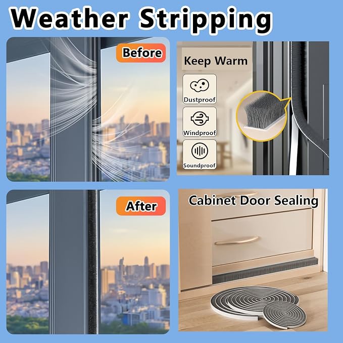 Brush Weather Stripping Door Window Seal,2 Pack 0.2"x 0.4" x33FT | Felt weather stripping,door sweep,sliding glass door applicable,soundproof,door frame sealing,windproof weatherstripping