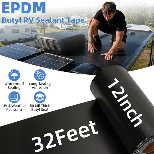 Werhoo 45 Mil EPDM Butyl Sealing Tape, 12 Inch x 32 Foot Black Self-Adhesive Weatherproof Roof Repair Membrane for Boat, Roof, Window, RV, Vent, Crawl Space
