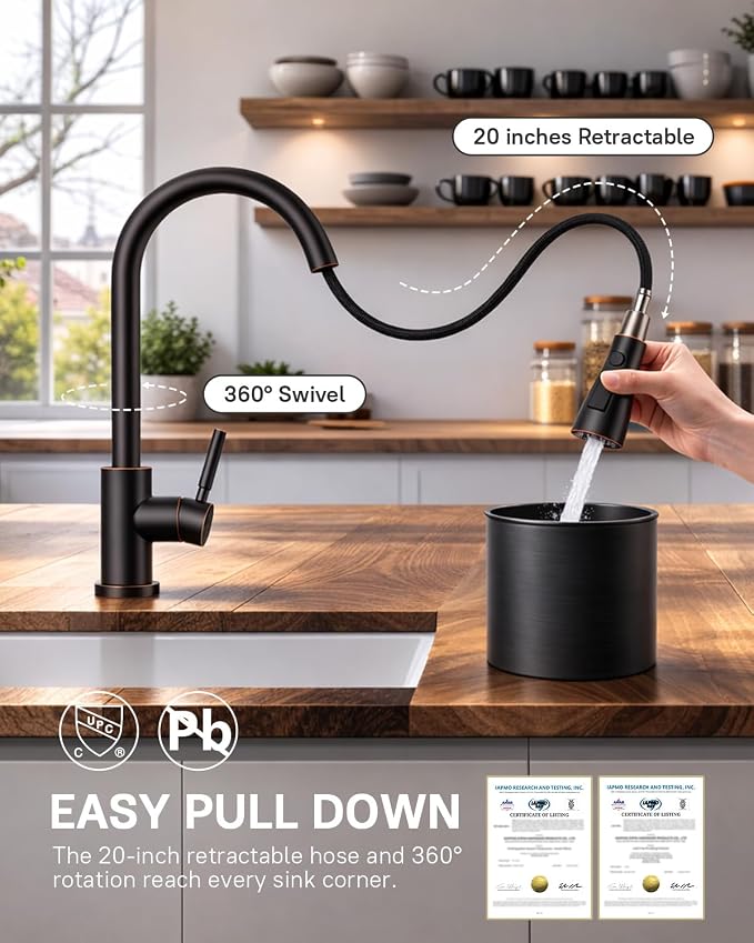 WEWE Pull-Down Kitchen Faucet, 3-Mode Sprayer, Oil Rubbed Bronze, High Arc
