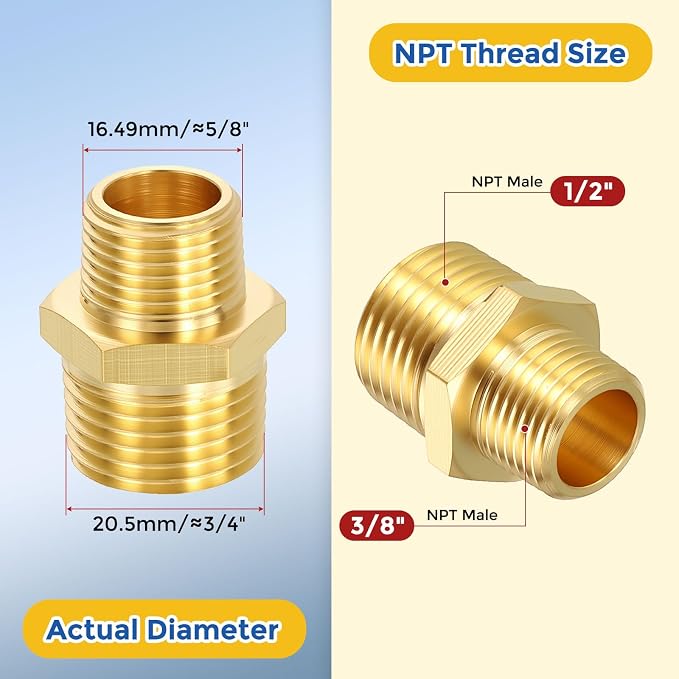 8 Pack Brass Pipe Fittings, 1/2" MNPT to 3/8" Male NPT | Brass Hex Nipple W/ Sealing Tape, Male Pipe Adapter Reducer for Air, Oil, LP, Gas