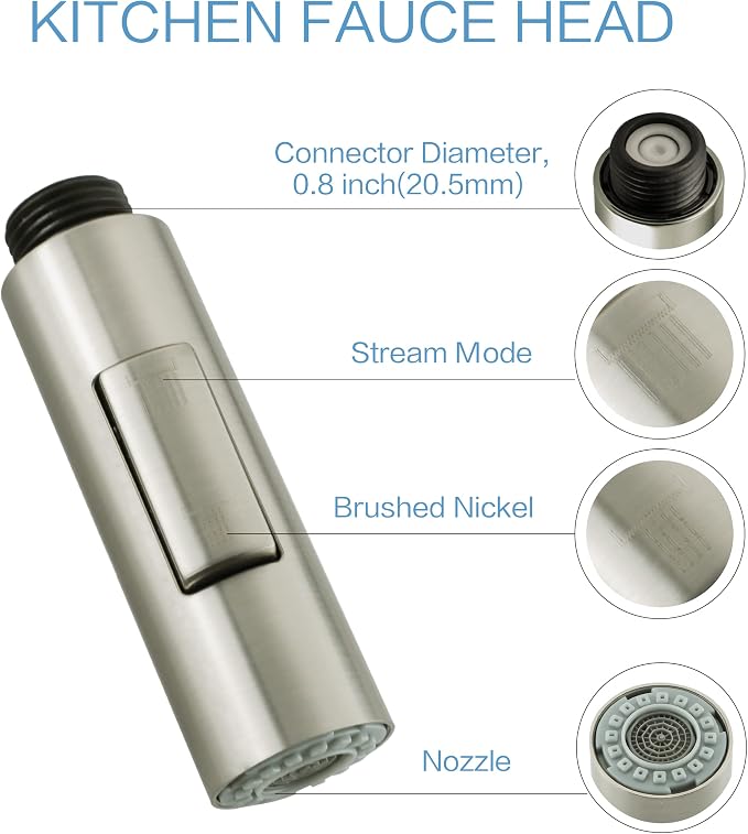 PULL down kitchen faucet sprayer head replacement,| G1/2 male or 13/16inch,| 2-Functions pull out kitchen sink faucet head replacement parts Compatible with RV/Giagni/WOWOW/OWOFAN Brushed Nickel