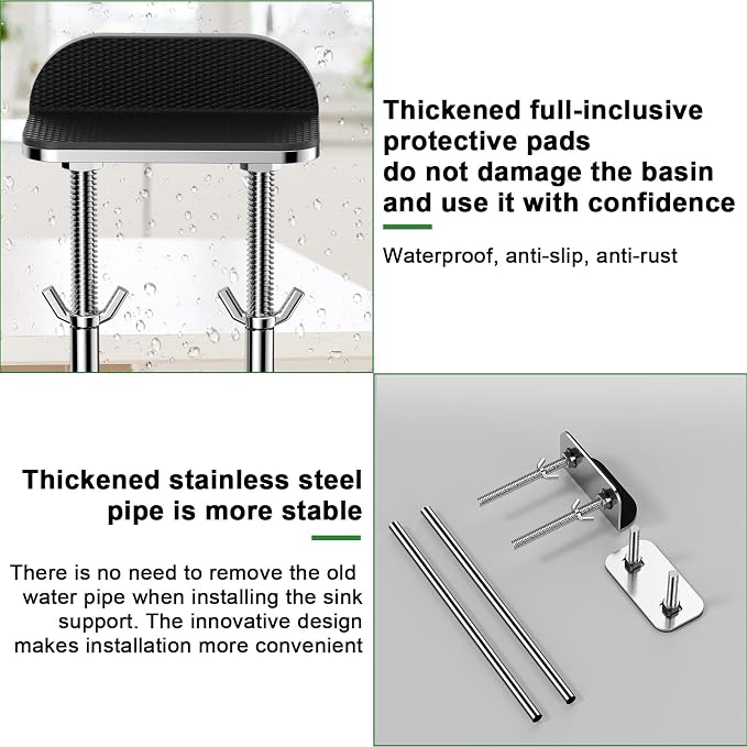2pcs Undermount Kitchen Sink Support Save Space Upright Undermount Sink Repair Kit with Anti-Slip Shock-Absorbing Pad Stainless Steel Adjustable Support(18.9-26.7in)