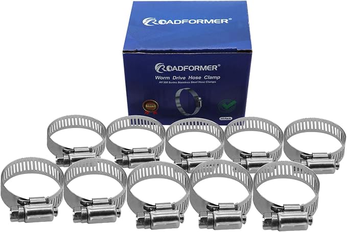 1.25 inch Hose Clamp Full Stainless Steel Worm Gear: 21mm - 44mm, 10 Pack | ROADFORMER 1.25 hose clamp SAE 20 Size, 1/2" Band Width, smoothly install and precisely fit hose & pipe size